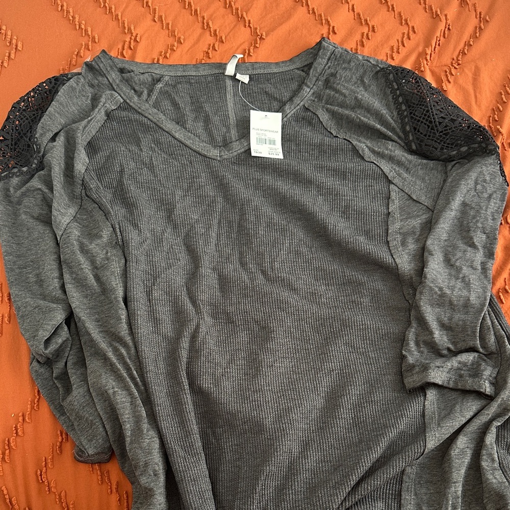 Gray Women's Top with Lace Detail